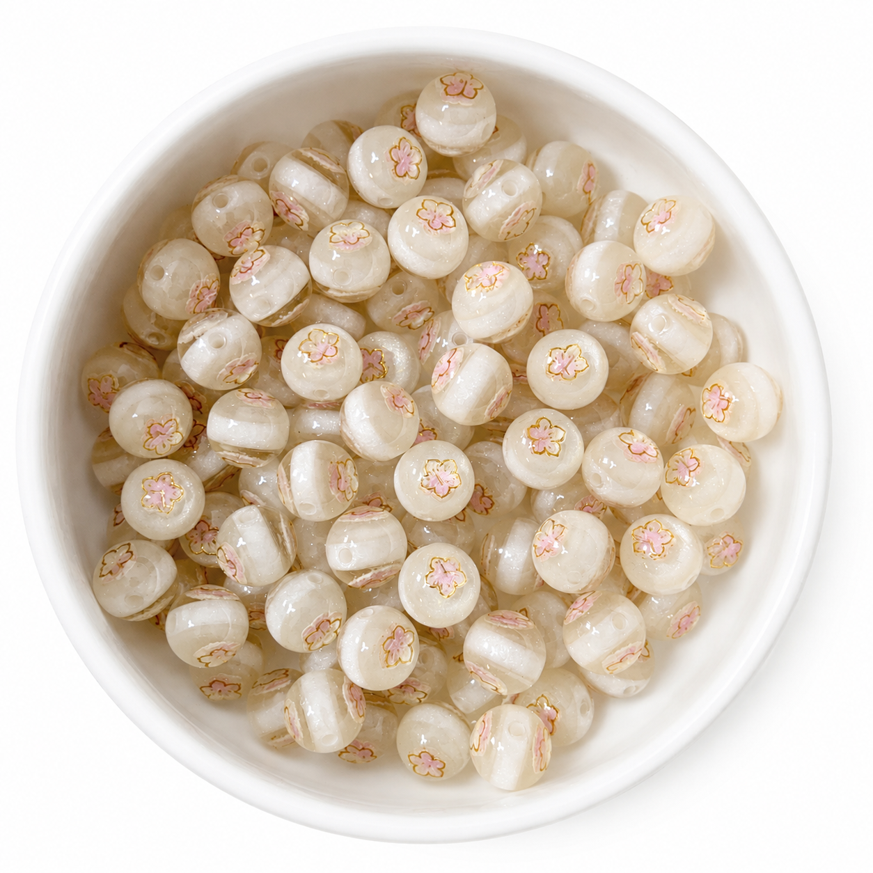 Blossom Beads Kralen 16mm Ivory Blossom – crèmewitte kralen met roze bloemetjes en gouden rand