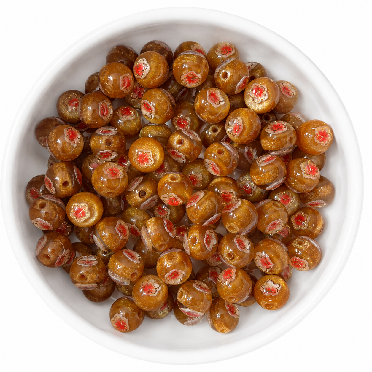 Blossom Beads Kralen 16mm Golden Amber – goudbruine kralen met rode bloemetjes en gouden glitter