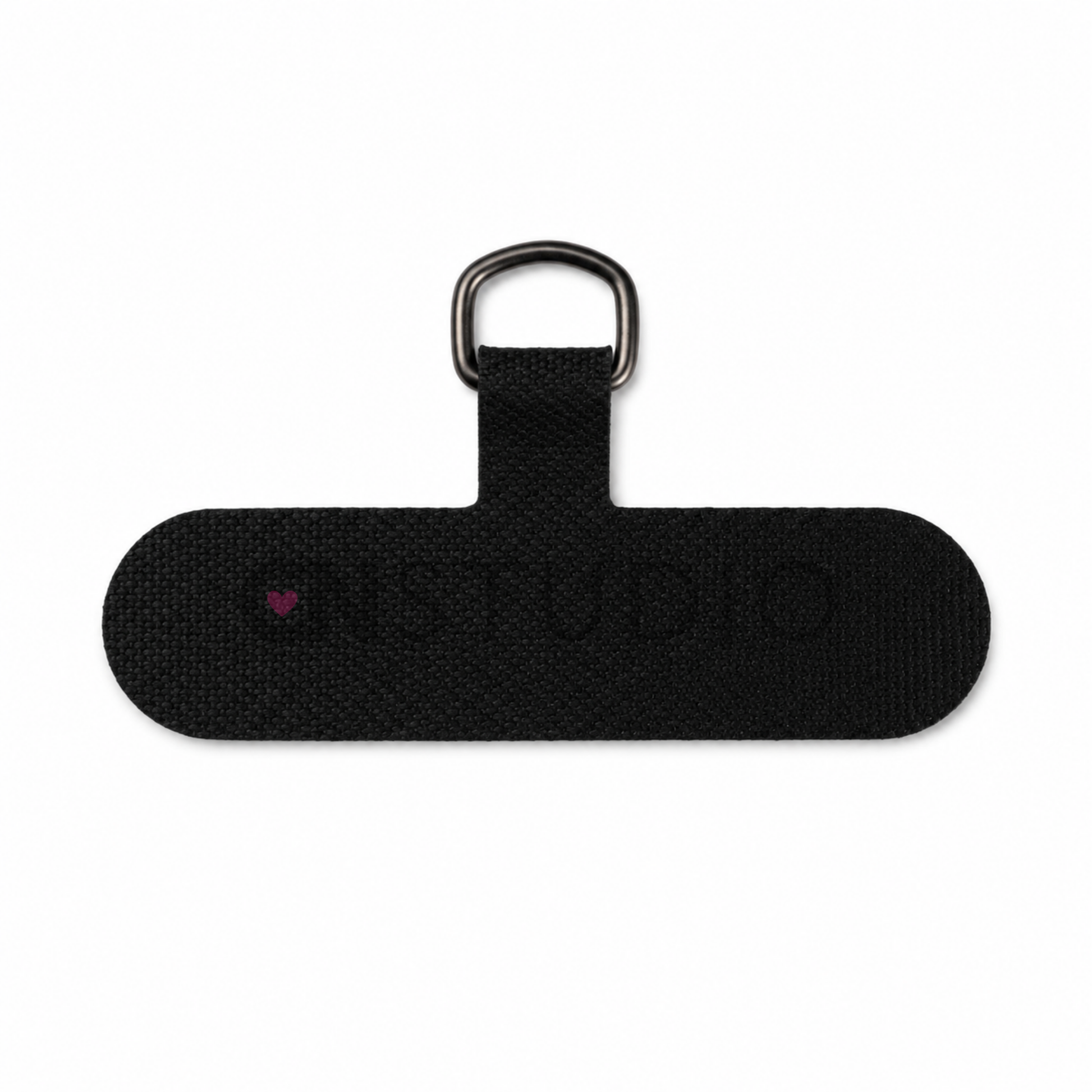 Zwart fabric bevestigingsplaatje met metalen D-ring voor telefoonkoord