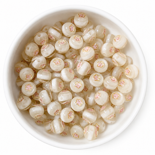 Blossom Beads Kralen 16mm Ivory Blossom – crèmewitte kralen met roze bloemetjes en gouden rand
