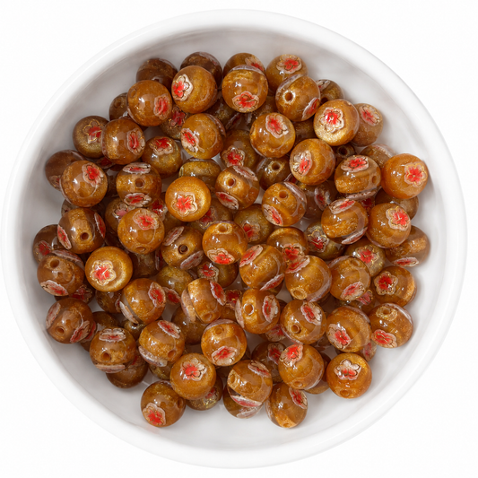 Blossom Beads Kralen 16mm Golden Amber – goudbruine kralen met rode bloemetjes en gouden glitter